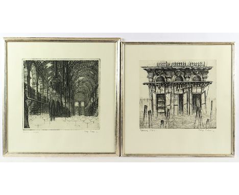 ESCHER, Rolf, zwei Arbeiten "Bibliothek St. Geneviève in Paris", "Palazzo in Venedig", Original-Radierungen, ca. 34 x 38, han