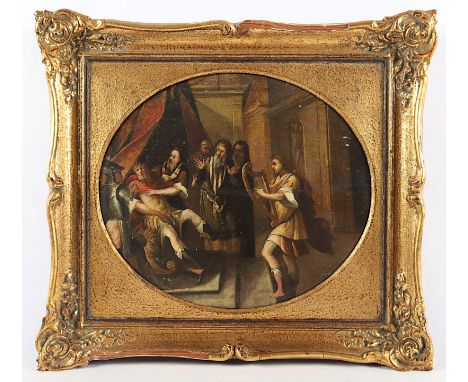 SAKRALMALER DES 17./18.JH., "David spielt die Harfe vor König Saul", Öl/Holz, 33,5 x 38,5, rest., R.  