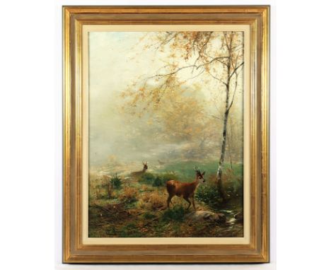 KRÖNER, Christian Johann (1838-1911), "Rehe auf einer Lichtung", Öl/Lwd., 76 x 58, doubliert, unten links signiert und "84" d