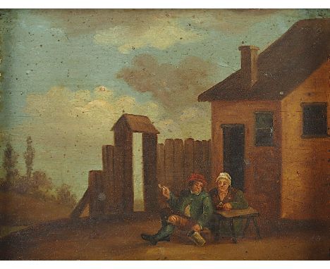 MALER DES 17.JH., "Bauernpaar vor einem Haus", Öl/Holz, 9 x 12, R. 
