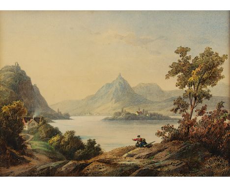 STEGMANN, Franz (1831-1892), "Blick in das Rheintal auf Drachenfels, Rolandsbogen und Nonnenwerth", Aquarell/Papier, 16,5 x 2