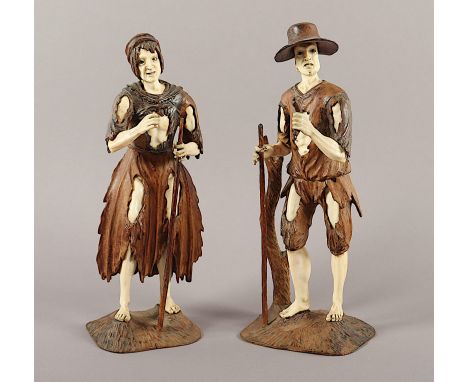 ZWEI BETTLERFIGUREN, Holz, Elfenbein, fein geschnitzt, H 26, in der Art von Simon Troger, 17.Jh., erworben 1978 im Kunsthaus 