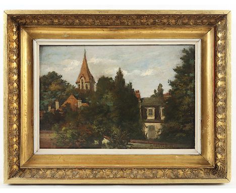 DUBREUIL, Jean (*1825), "Ansicht aus Rancy bei Paris", Öl/Holz, 23,5 x 36, unten rechts signiert und "1898" datiert, verso Or