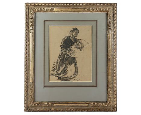 MAAR, Carl von (1858-1936), "Mutter mit Kind", Kohle/Papier, 30 x 23 (Passepartoutausschnitt), unten rechts monogrammiert, R.