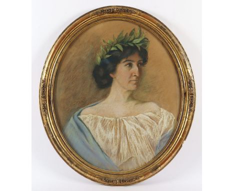 MALER E.19.JH., "Frau mit Lorbeerkranz", Pastell/Papier, 69 x 59, unten rechts unleserlich signiert, R. 