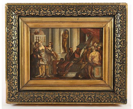 VERONESE, Paolo (1528-1588), Kopie 2.H.19.Jh. nach, "Esther vor Ahasver", Öl/Papier, 23,5 x 33, auf Holz aufgezogen, besch., 