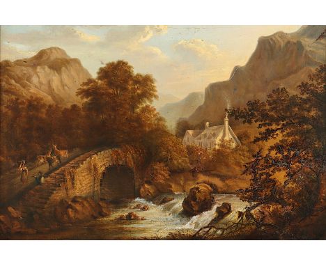 ENGLAND M.19.JH., "Berglandschaft mit Cottage und Brücke", Öl/Holz, 50,5 x 73, besch. und rest., R. 
