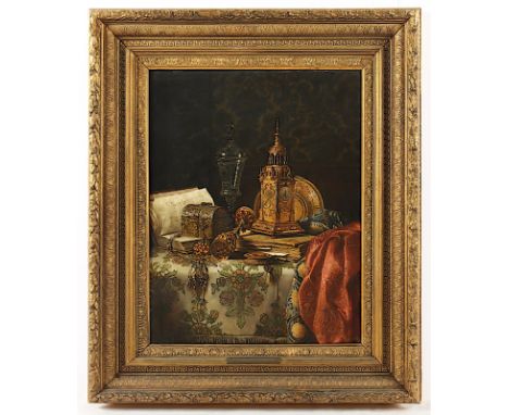 SCHÖDL, Max (1834-1921), "Prunkstilleben mit Türmchenuhr", Öl/Holz, 51,5 x 40, unten rechts signiert und "1878" datiert, R. 