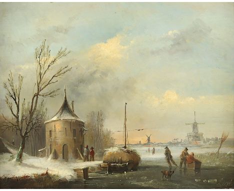 LIESTE, Cornelis (1817-1861), "Holländische Winterlandschaft", Öl/Holz, 31,5 x 39, stark besch. (Platte gebrochen), unten rec