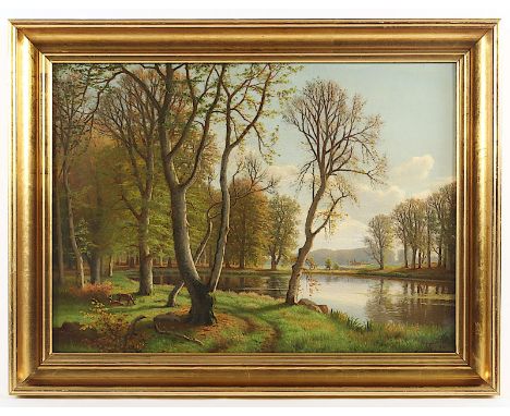 MALER A. 20. JH., "Rehe am Seeufer", Öl/Lwd., 47 x 65,5, unten rechts monogrammiert und "28" datiert, R. 