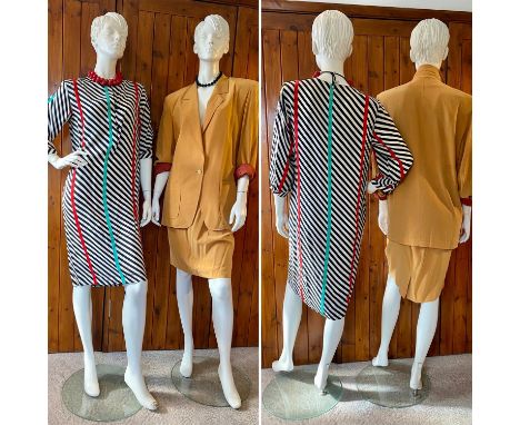 1980s GIORGIO ARMANI  monochrome chevron striped silk dress with green and red vertical stripes. Buttoned cuffs, 3/4 length s