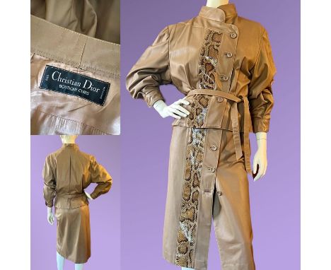 Rare CHRISTIAN DIOR BOUTIQUE CUIRS fudge coloured fine leather ladies belted skirt suit with python skin panel. Dating from t