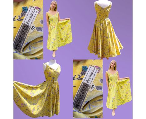 Rare original late 1950s HORROCKSES full circle-skirted strappy floral yellow cotton sundress. Button down front. Heavy quali