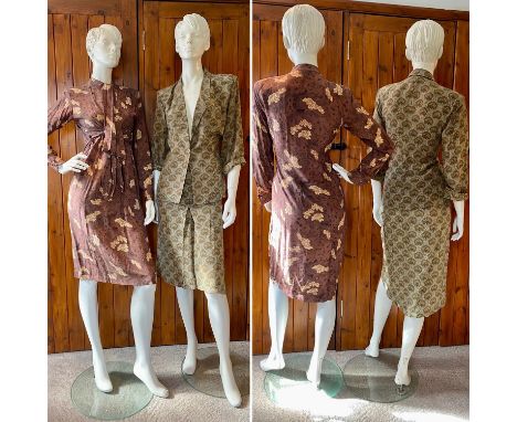 Two good GEORGIO ARMANI Italian Silk outfits dating from 1980s. Thought to be Liberty print fabric, one dress in soft brown s