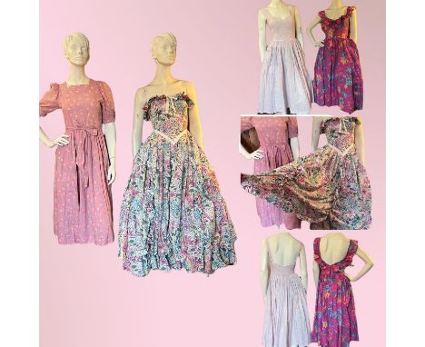 Four items to include: Bright pink 1980s LAURA ASHLEY cotton floral blues greens yellows strappy sundress zipped at the back 