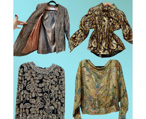 4 Items: WERA 1980s funnel neck gold lame evening tunic with coloured pattern UK12. WERA 1980s Bronze evening skirt suit UK 1