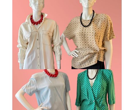 Four 1980s/90s 3 silk blouses/1 jacket all size UK10-12. One short sleeved fawn blouse in geometric design by FRANCESS ETRINA