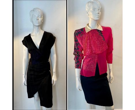 1980s GIANNI VERSACE Raw silk sleeveless black cocktail wrap-dress with satin half-cummerbund and two crystal/diamante button