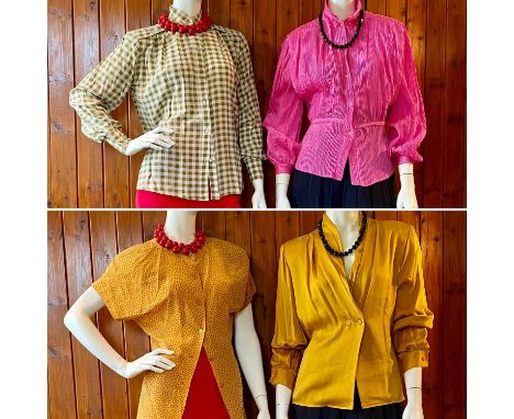 Four 1980s silk blouses. One GIORGIO ARMANI long sleeved fine bubble-gum pink silk ruched blouse. One GIORGIO ARMANI olive gr