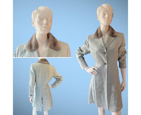 Rare VINTAGE 1990s HERMES PARIS superb quality pale aqua heavy linen frock coat with real Sapphire MINK real fur collar. UK12