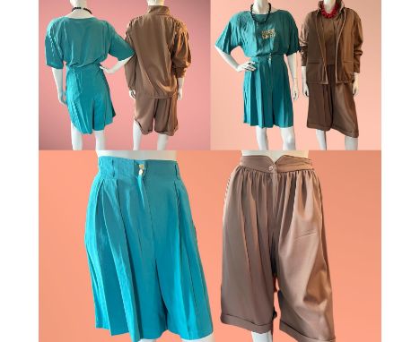 Two items designer ladies suits. 1980s turquoise silk LEVANTE SPORT 2 piece shorts suit with gold embroidered teddy bears. Bl