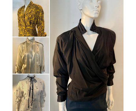 Four GIANNI VERSACE early 1980s SILK blouses. Yellow V-neck with black circular pattern and padded shoulders. Black slash nec