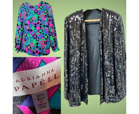ADRIANNA PAPELL 1980s classic vivid pink,blue, black turquoise geometric print tunic blouse with round neck and three covered