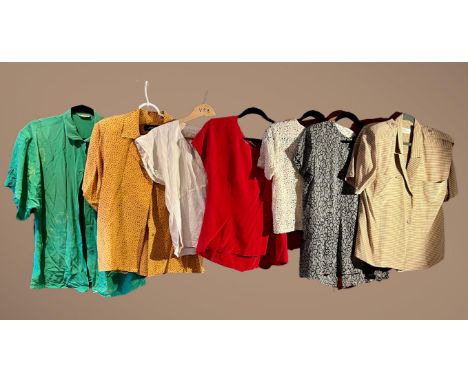 Seven items. 1980s and 90s quality designer blouses. ELLEN TRACY military style buttoned short sleeved fudge coloured silk bl
