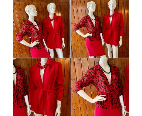 1990s blouse and jacket. One red and black long sleeved animal print chiffon silk blouse by ANNE KLEIN (with ILGWU numbered l