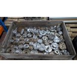 Contents of a pallet of parts in assorted metals, including the pallet and detachable wooden surroun