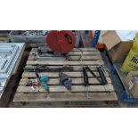 The contents of a pallet of Tools including Chop- Saw, Drill, Grease Guns and more
