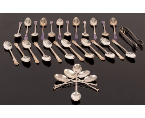 Twelve silver enamel coffee spoons, L &amp; S, Birmingham 1920, twelve silver teaspoons and matching tongs, with decorative b