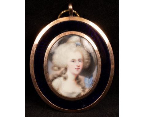 Henry Spicer (1743-1804)/Portrait Miniature of Sarah Rodbard (?-1795)/wearing a white dress, feathers and a blue ribbon in he