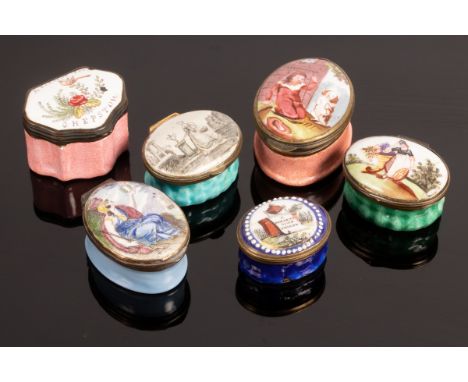 Six South Staffordshire enamel boxes including one titled 'A Present from Chepstow' 4cm wide, another titled 'A Present from 