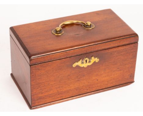 A mahogany tea caddy with brass handle and three-division interior, 26cm x 14cm x 14cm CONDITION REPORT: Condition informatio