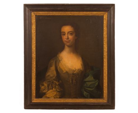 Attributed to Henry Pickering (circa 1725-circa 1775)/Portrait of Mrs E Browne/half-length, wearing a gold coloured dress wit