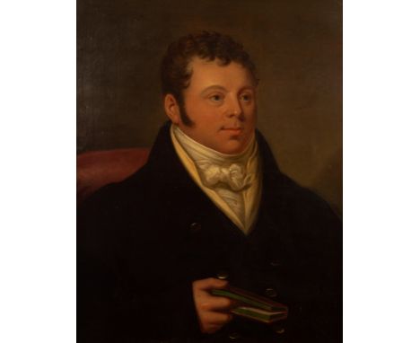 English School, 19th Century/Portrait of a Gentleman/half length, holding a book in his right hand/oil on canvas, 75cm x 62.5