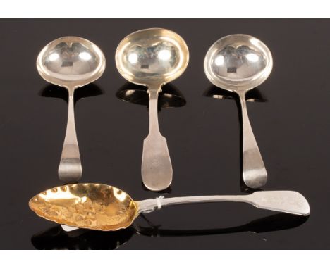 A George III fiddle pattern silver sauce ladle, TW, Newcastle 1816, initialled S, two George III Old English pattern silver s