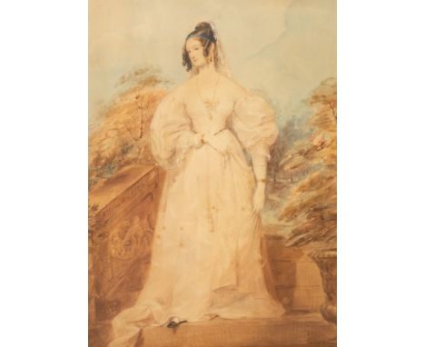 Edward Henry Corbould (1815-1905)/Portrait of a Young Girl/full-length, wearing a white dress and standing on a garden step/s