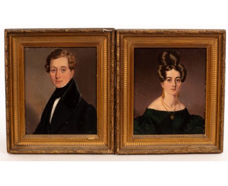 English School, mid 19th Century/Portrait of a Lady/Portrait of a Gentleman/a pair/oil on panel, 16cm x 13cm/Provenance: The 