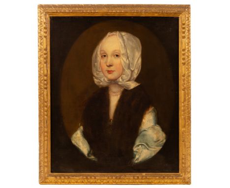 English School, late 17th Century/Portrait of Fortune Watts/half-length, wearing a white silk hood, pearl necklace and fur st