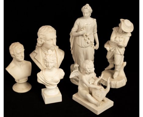 A Copenhagen white biscuit porcelain figure of a seated Cupid playing a lyre, three Parian busts and a figure of Winter and a