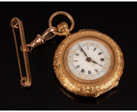 A lady's 18k yellow gold open faced pocket watch with bar brooch attachment, the white enamel dial with Roman numerals, the c