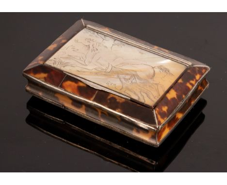 A tortoiseshell and mother-of-pearl snuff box, the cover engraved a horse carrying a recumbent figure, 6cm x 4.5cm/Provenance