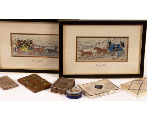 Two mother-of-pearl visiting card cases, two filigree visiting card cases, another, two silkwork pictures, Express Mail and W