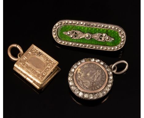 An enamel and marcasite brooch, the reverse engraved 'Une Fois n'est pas Coutume', 32mm wide, a gilt filigree choker necklace
