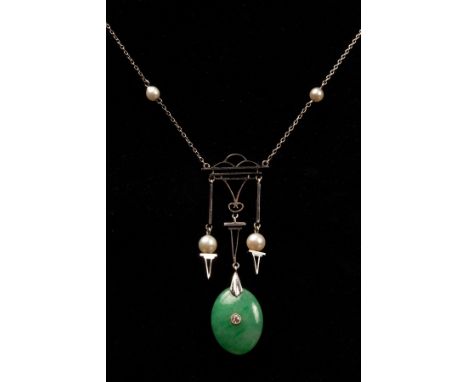 A jade, diamond and pearl pendant necklace, the oval jade pendant centred by a small diamond, set in 9ct white gold, approxim