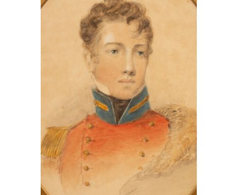 English School, early 19th Century/Portrait of a Soldier/bust length, wearing a red uniform with epaulette's/watercolour, 20.