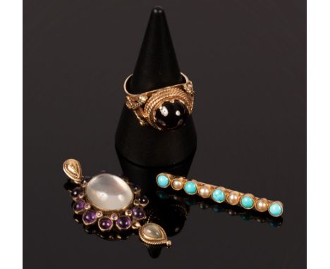 A moonstone and amethyst cluster pendant set in 9ct gold, 4.5cm long, a turquoise and pearl bar brooch, 4cm long and a gem se