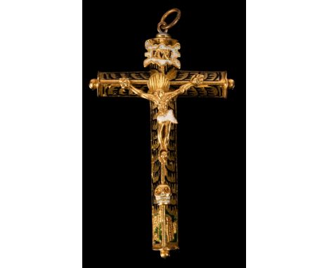 A Spanish enamel and yellow metal pectoral cross, perhaps 17th Century, the cross of triangular section applied to the front 